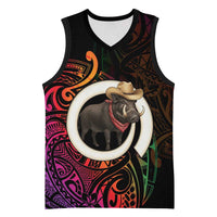 Vanuatu Boar Cowboy Basketball Jersey Tusk Gradient Polynesian Pattern LT14 Unisex Black - Polynesian Pride