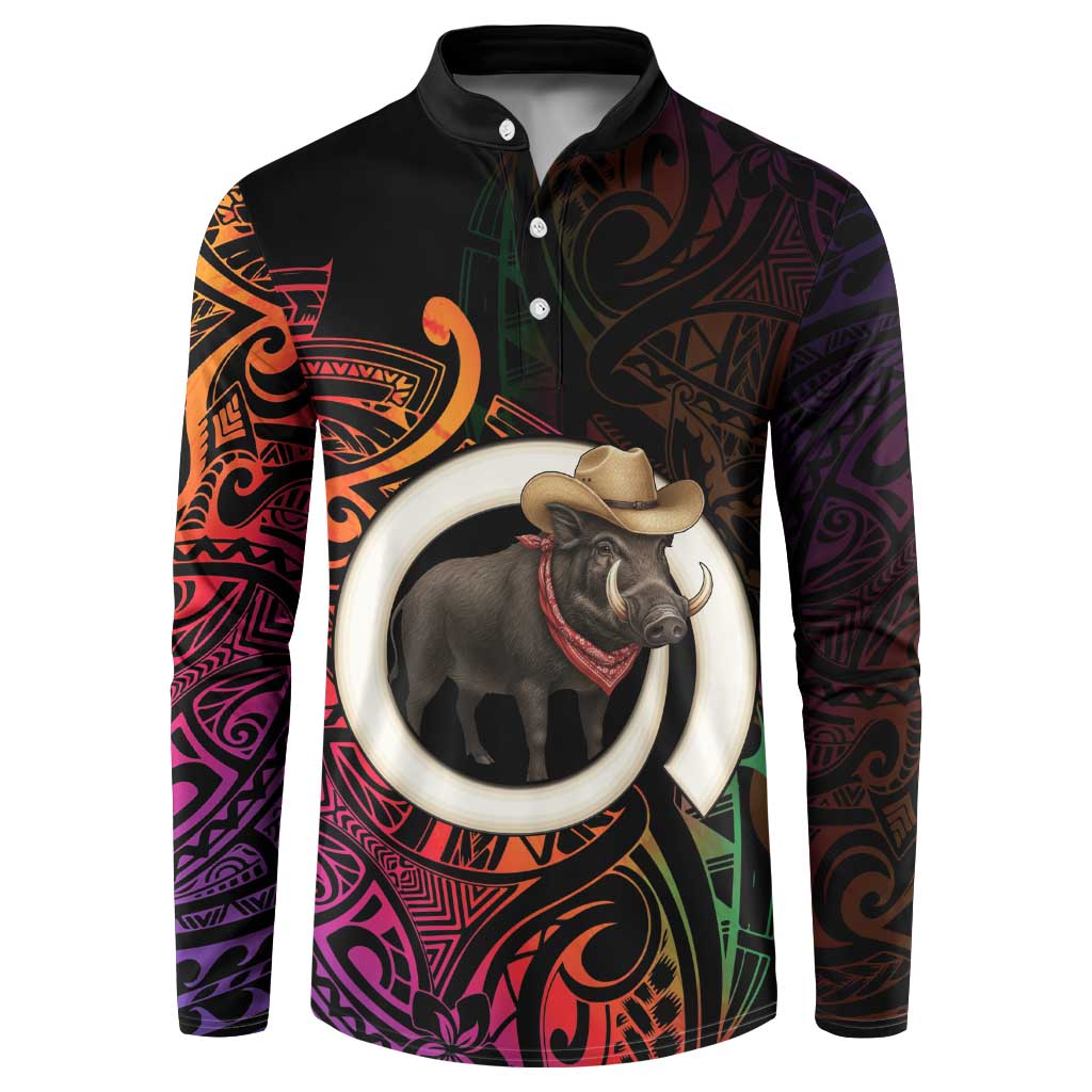 Vanuatu Boar Cowboy Button Sweatshirt Tusk Gradient Polynesian Pattern LT14 Black - Polynesian Pride