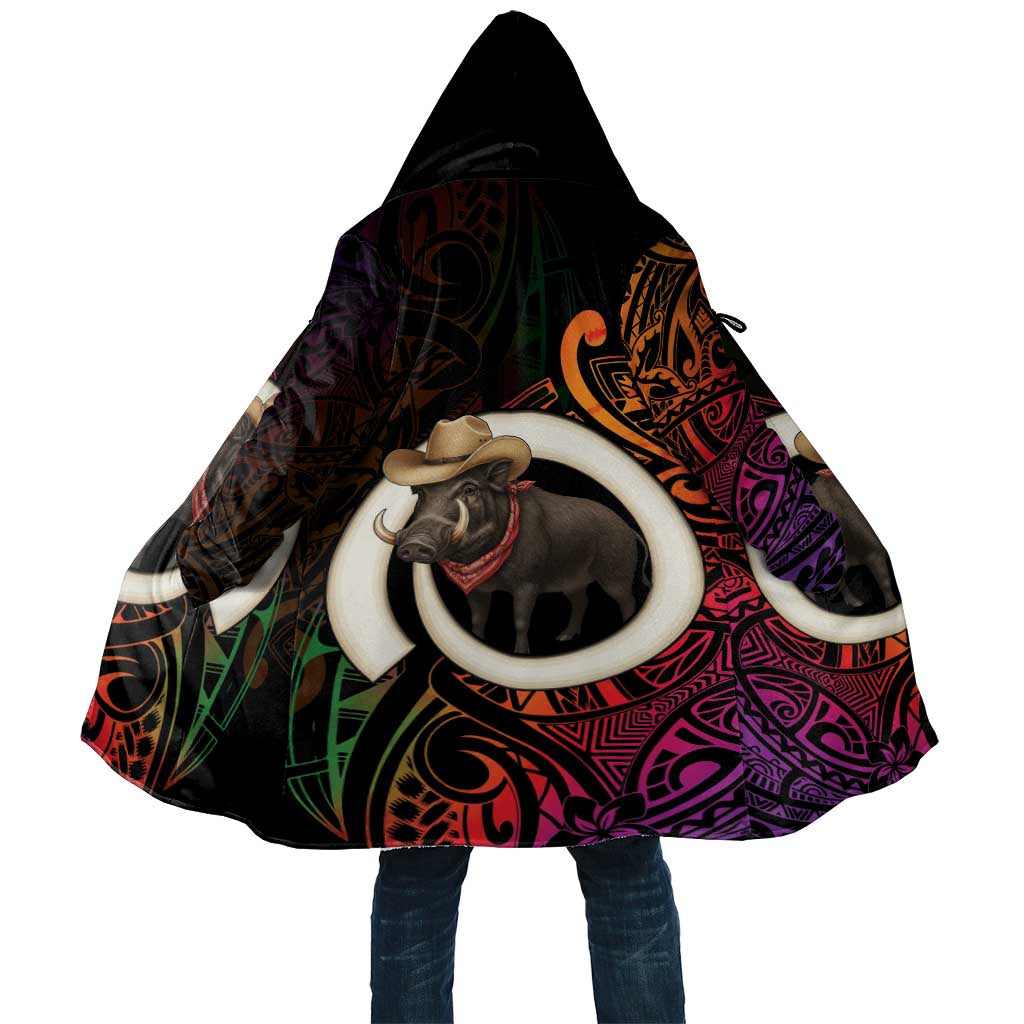Vanuatu Boar Cowboy Cloak Tusk Gradient Polynesian Pattern LT14 Unisex Black - Polynesian Pride