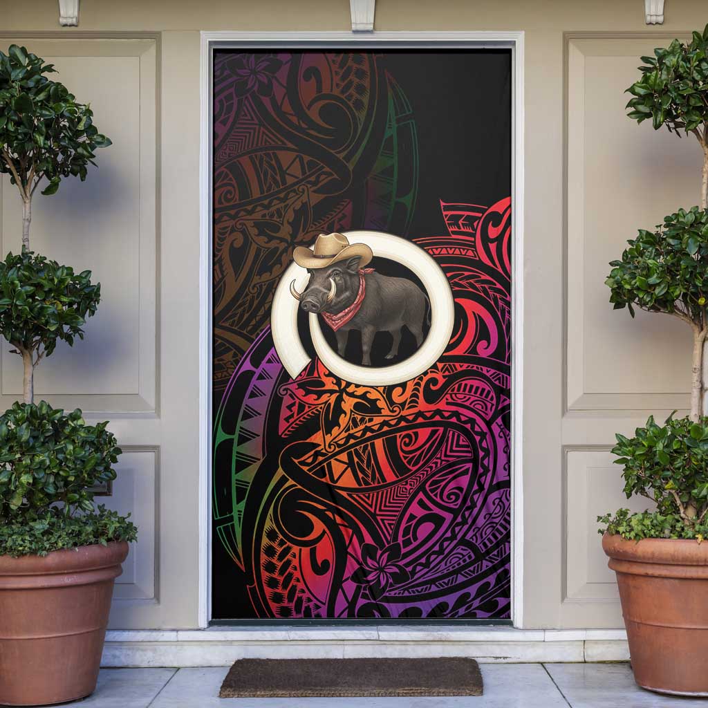 Vanuatu Boar Cowboy Door Cover Tusk Gradient Polynesian Pattern LT14 Black - Polynesian Pride