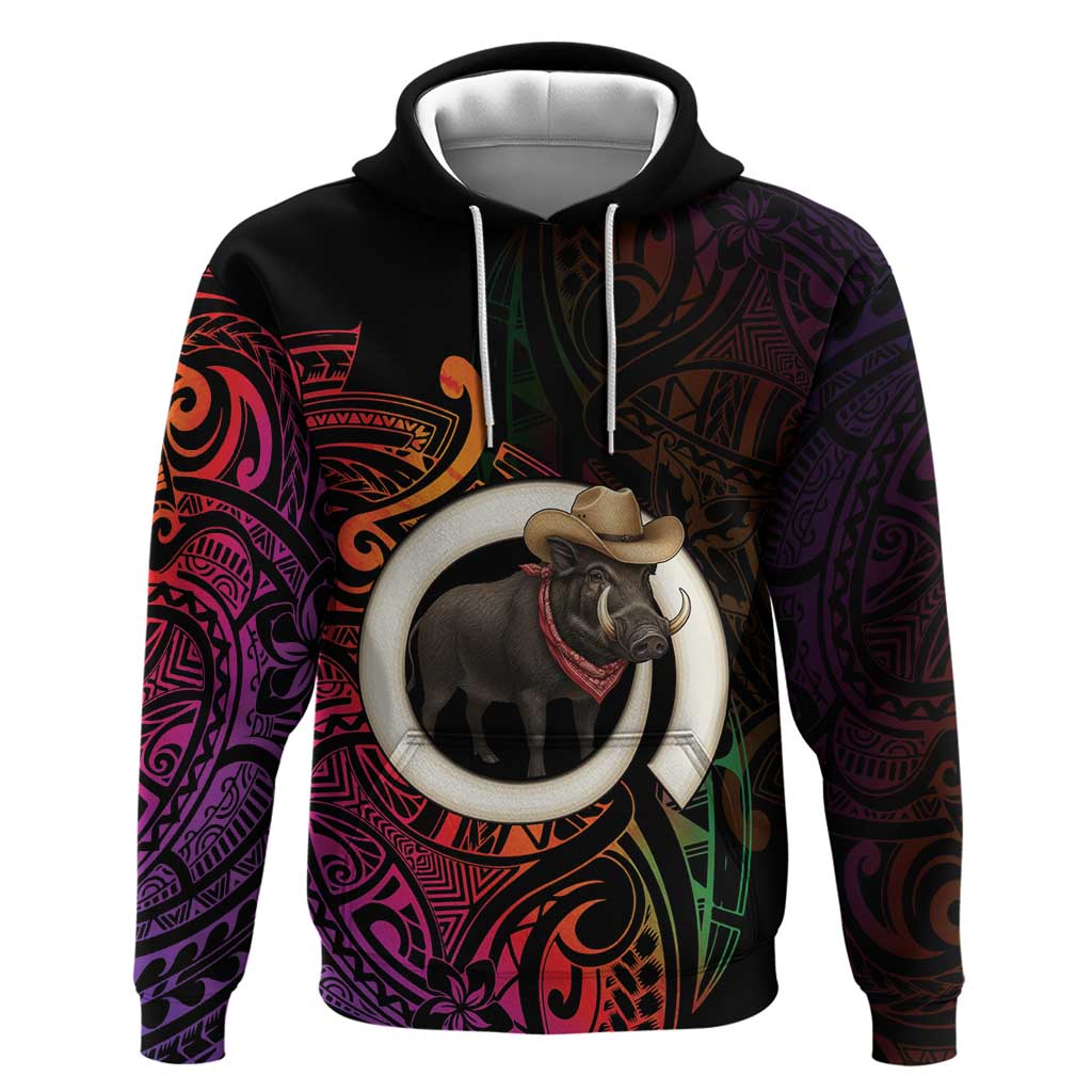 Vanuatu Boar Cowboy Hoodie Tusk Gradient Polynesian Pattern LT14 Pullover Hoodie Black - Polynesian Pride