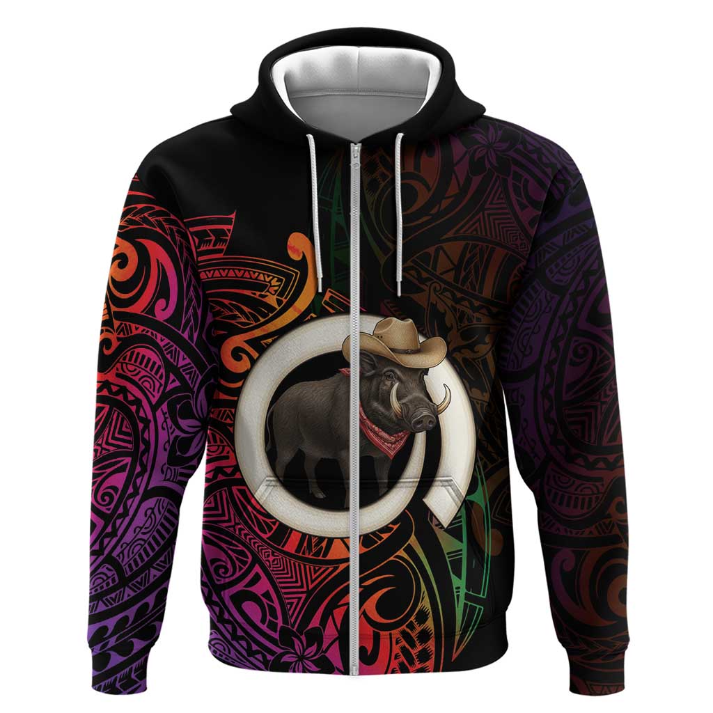 Vanuatu Boar Cowboy Hoodie Tusk Gradient Polynesian Pattern LT14 Zip Hoodie Black - Polynesian Pride
