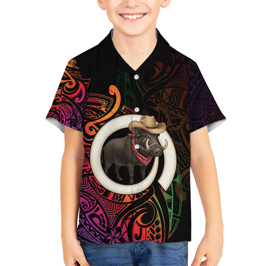 Vanuatu Boar Cowboy Kid Hawaiian Shirt Tusk Gradient Polynesian Pattern LT14 Kid Black - Polynesian Pride