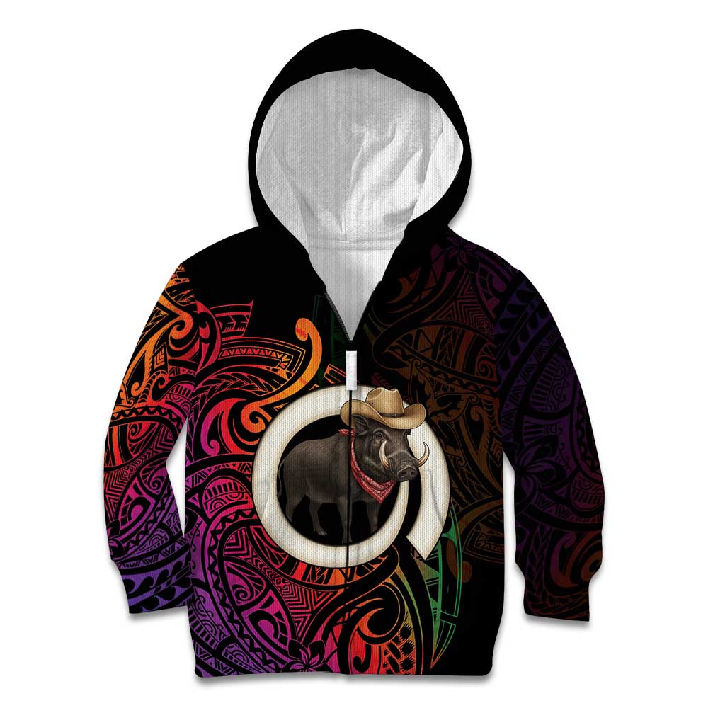 Vanuatu Boar Cowboy Kid Hoodie Tusk Gradient Polynesian Pattern LT14 Zip Hoodie Black - Polynesian Pride