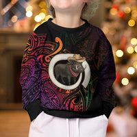 Vanuatu Boar Cowboy Kid Ugly Christmas Sweater Tusk Gradient Polynesian Pattern LT14 - Polynesian Pride