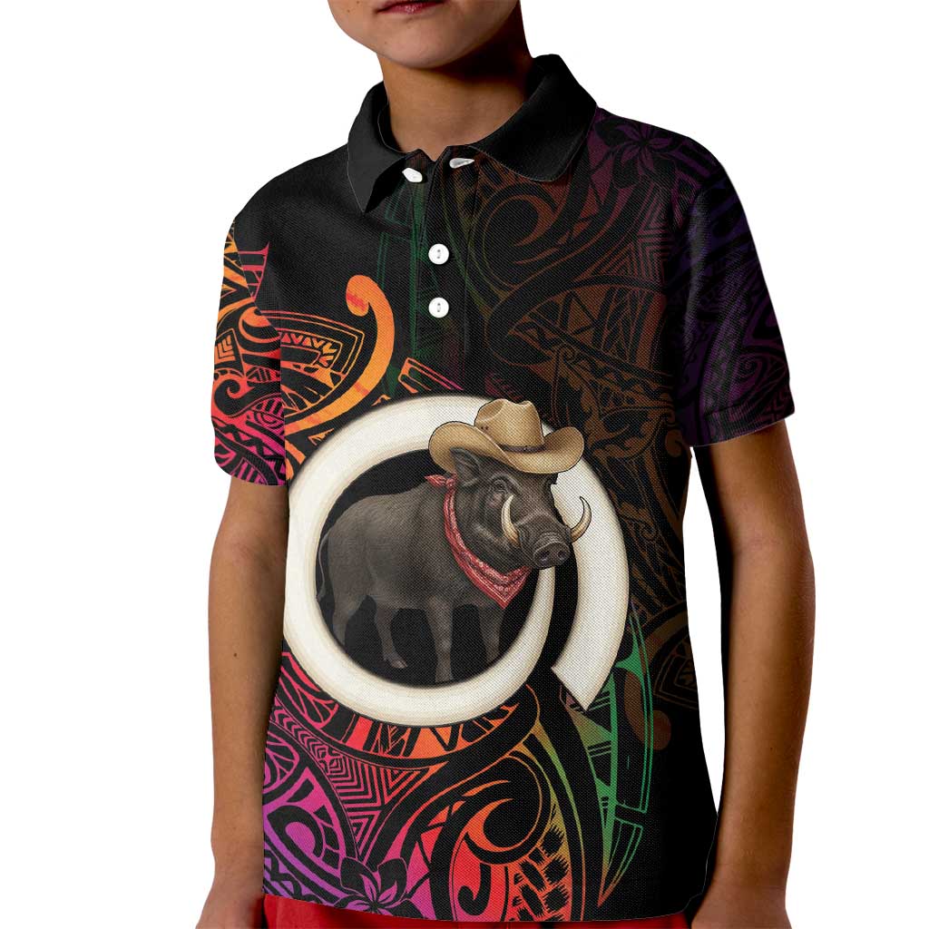 Vanuatu Boar Cowboy Kid Polo Shirt Tusk Gradient Polynesian Pattern LT14 Kid Black - Polynesian Pride