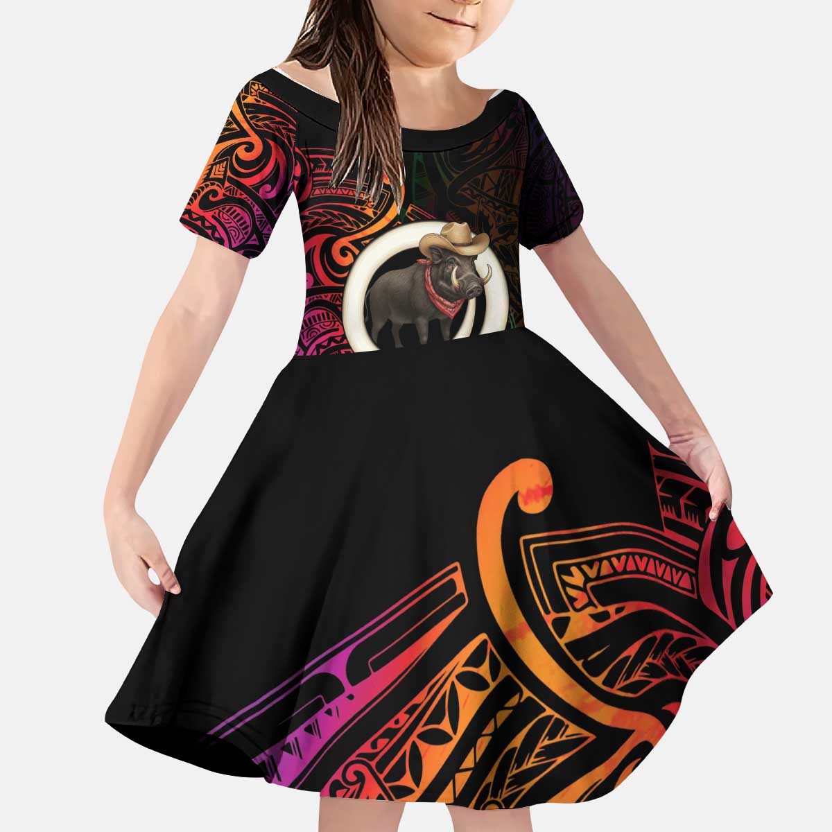 Vanuatu Boar Cowboy Kid Short Sleeve Dress Tusk Gradient Polynesian Pattern LT14 KID Black - Polynesian Pride