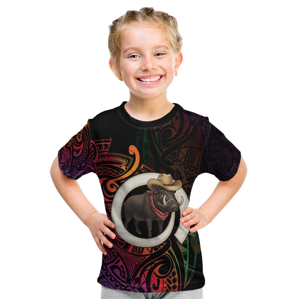 Vanuatu Boar Cowboy Kid T Shirt Tusk Gradient Polynesian Pattern LT14 Black - Polynesian Pride
