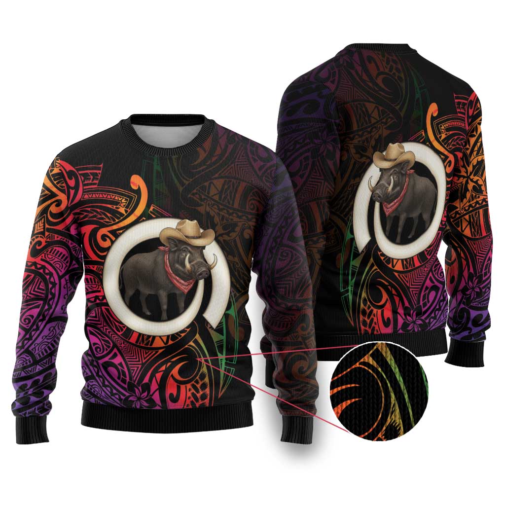 Vanuatu Boar Cowboy Ugly Christmas Sweater Tusk Gradient Polynesian Pattern LT14 Black - Polynesian Pride