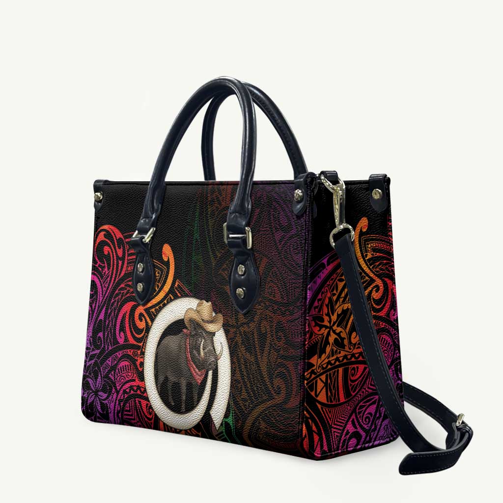 Vanuatu Boar Cowboy Leather Bag Tusk Gradient Polynesian Pattern LT14 Black - Polynesian Pride