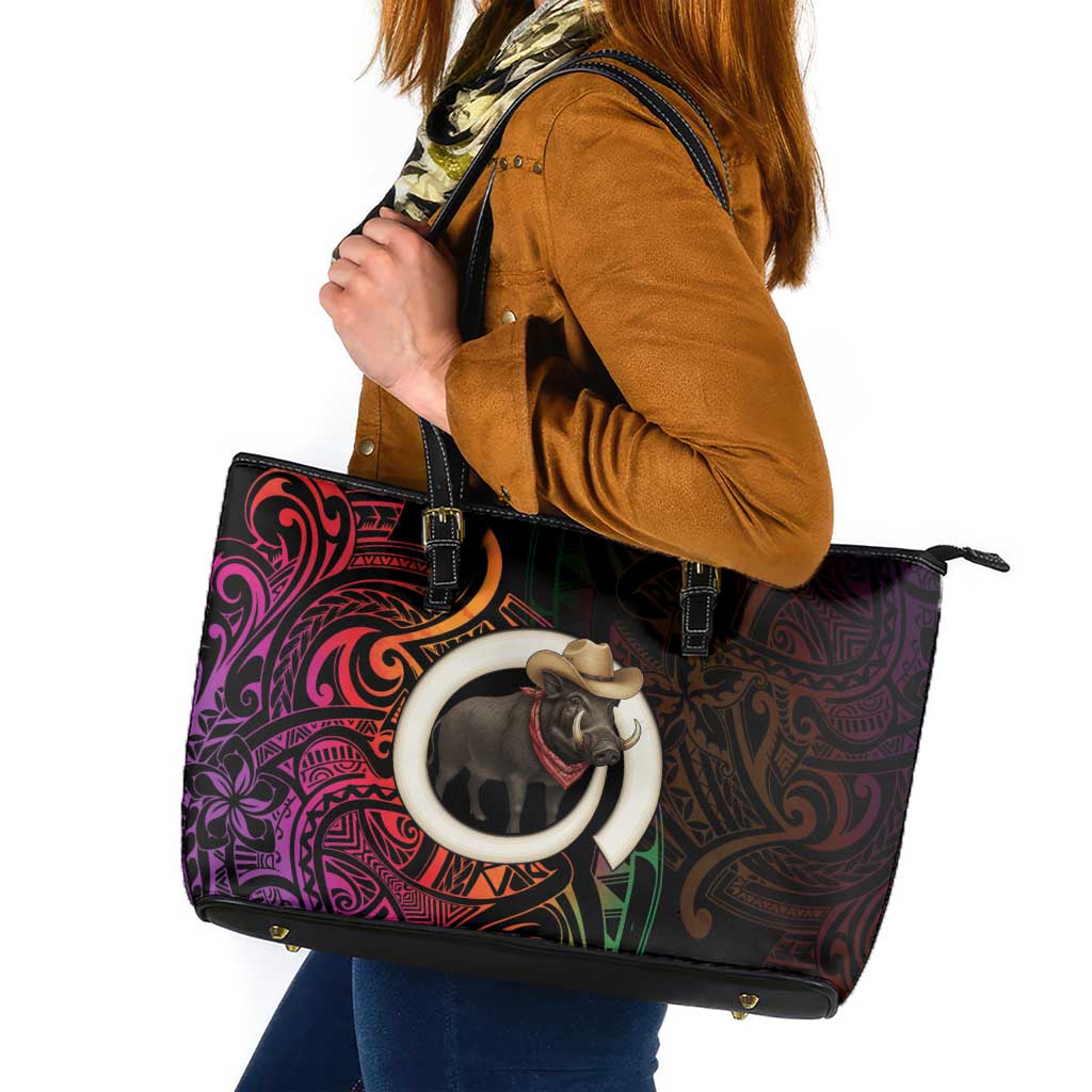 Vanuatu Boar Cowboy Leather Tote Bag Tusk Gradient Polynesian Pattern LT14 Black - Polynesian Pride
