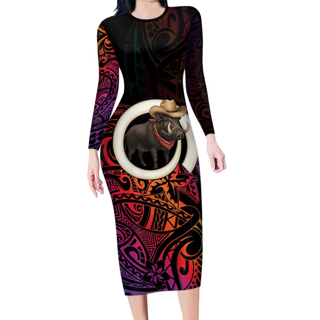 Vanuatu Boar Cowboy Long Sleeve Bodycon Dress Tusk Gradient Polynesian Pattern LT14 Long Dress Black - Polynesian Pride