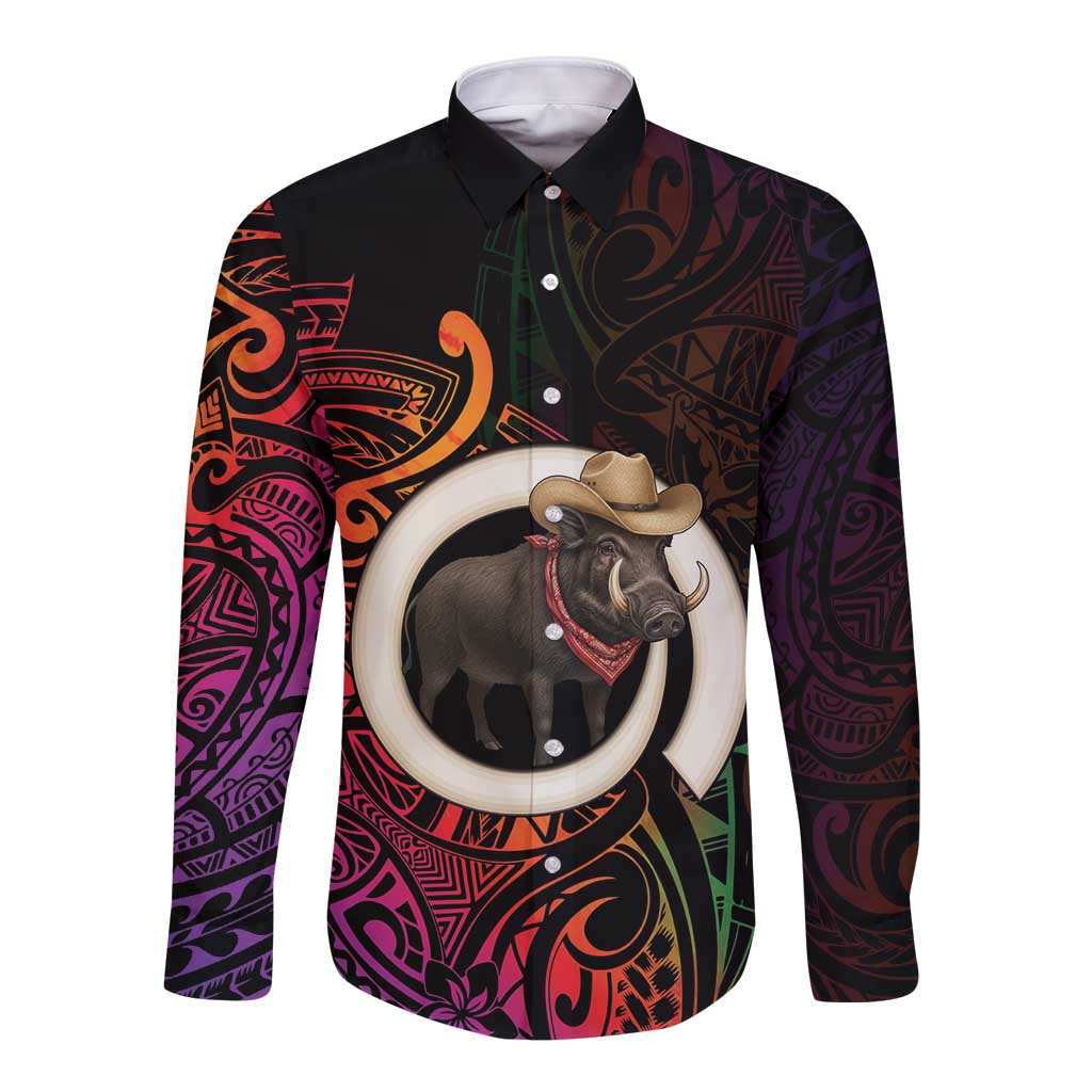 Vanuatu Boar Cowboy Long Sleeve Button Shirt Tusk Gradient Polynesian Pattern LT14 Unisex Black - Polynesian Pride