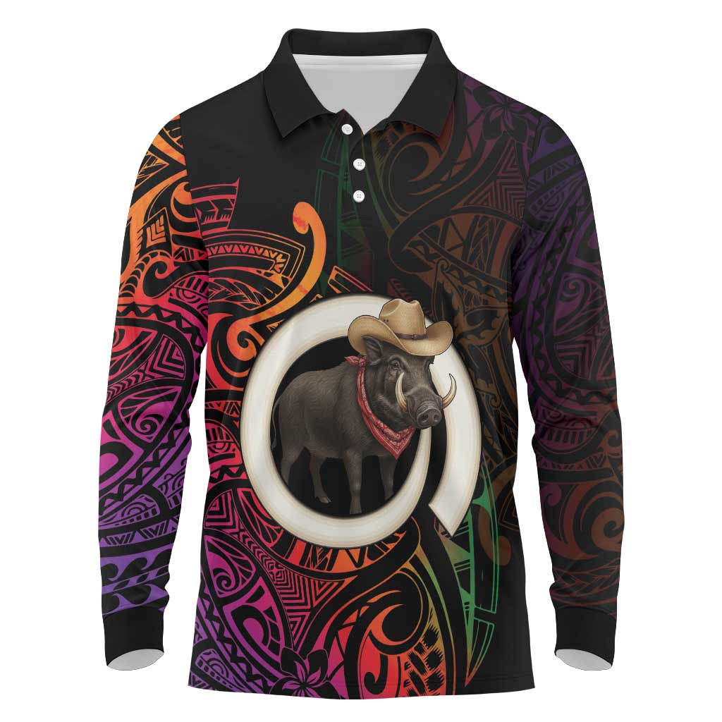 Vanuatu Boar Cowboy Long Sleeve Polo Shirt Tusk Gradient Polynesian Pattern LT14 Black - Polynesian Pride