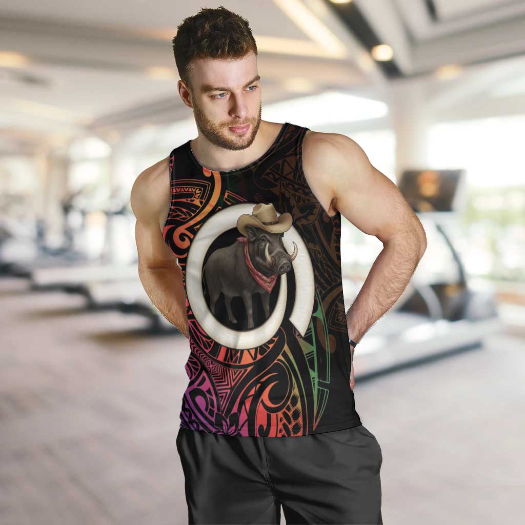 Vanuatu Boar Cowboy Men Tank Top Tusk Gradient Polynesian Pattern LT14 Black - Polynesian Pride