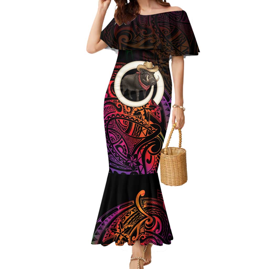 Vanuatu Boar Cowboy Mermaid Dress Tusk Gradient Polynesian Pattern LT14 Women Black - Polynesian Pride