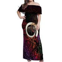 Vanuatu Boar Cowboy Off Shoulder Maxi Dress Tusk Gradient Polynesian Pattern LT14 Women Black - Polynesian Pride
