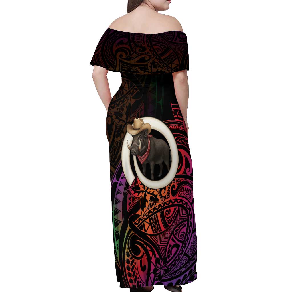 Vanuatu Boar Cowboy Off Shoulder Maxi Dress Tusk Gradient Polynesian Pattern LT14 - Polynesian Pride