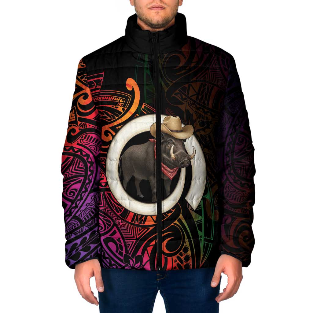 Vanuatu Boar Cowboy Padded Jacket Tusk Gradient Polynesian Pattern LT14 Men Black - Polynesian Pride