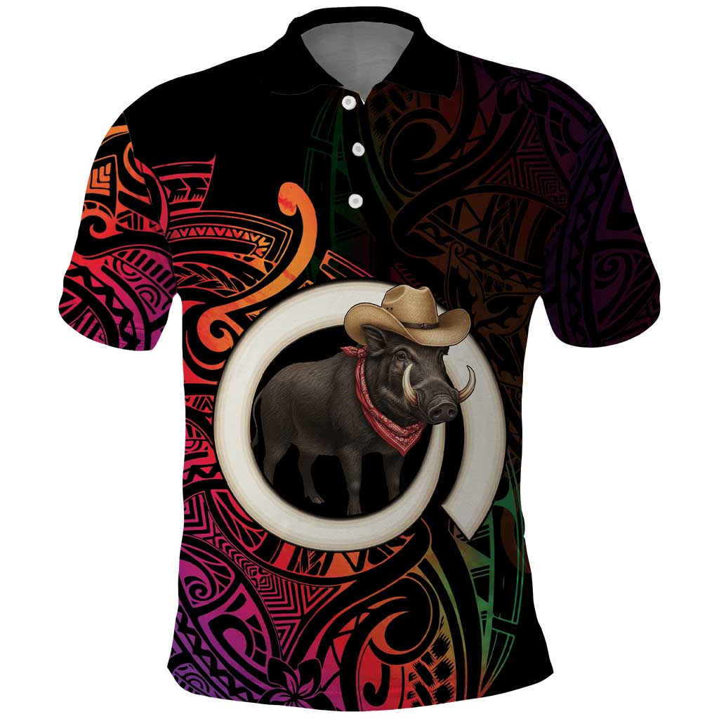 Vanuatu Boar Cowboy Polo Shirt Tusk Gradient Polynesian Pattern LT14 Black - Polynesian Pride
