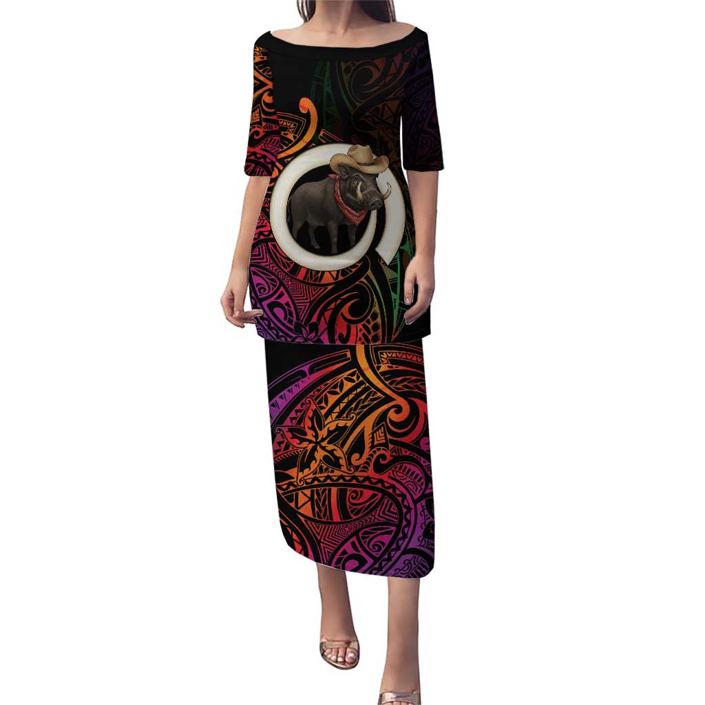 Vanuatu Boar Cowboy Puletasi Tusk Gradient Polynesian Pattern LT14 Long Dress Black - Polynesian Pride