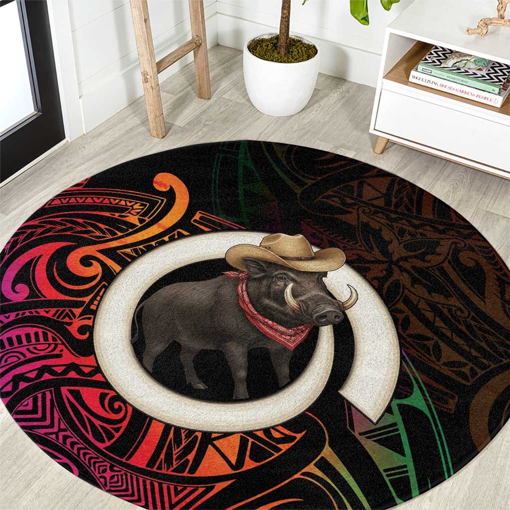 Vanuatu Boar Cowboy Round Carpet Tusk Gradient Polynesian Pattern LT14 Black - Polynesian Pride
