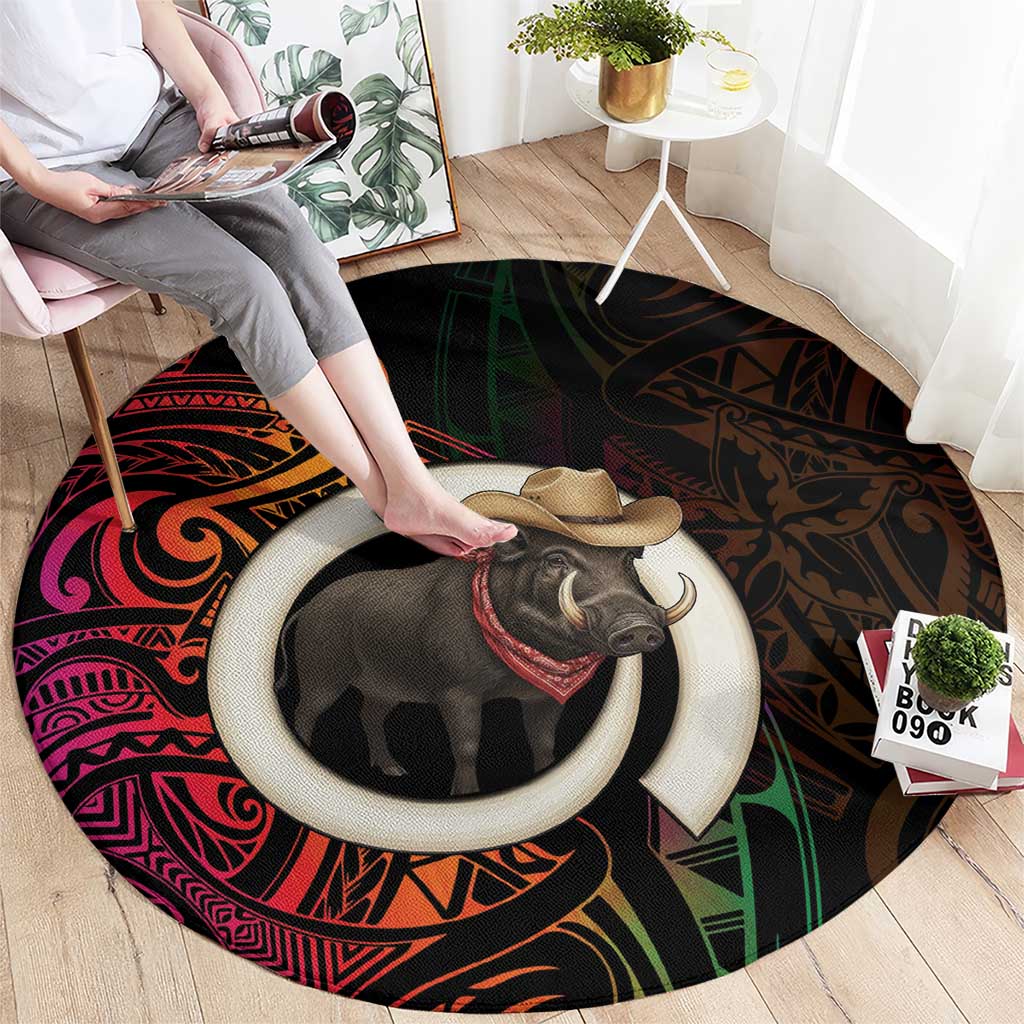 Vanuatu Boar Cowboy Round Carpet Tusk Gradient Polynesian Pattern LT14 - Polynesian Pride