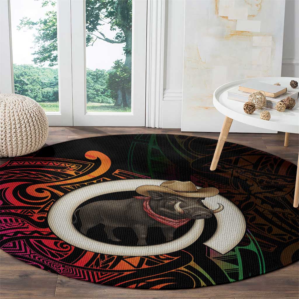 Vanuatu Boar Cowboy Round Carpet Tusk Gradient Polynesian Pattern LT14 - Polynesian Pride