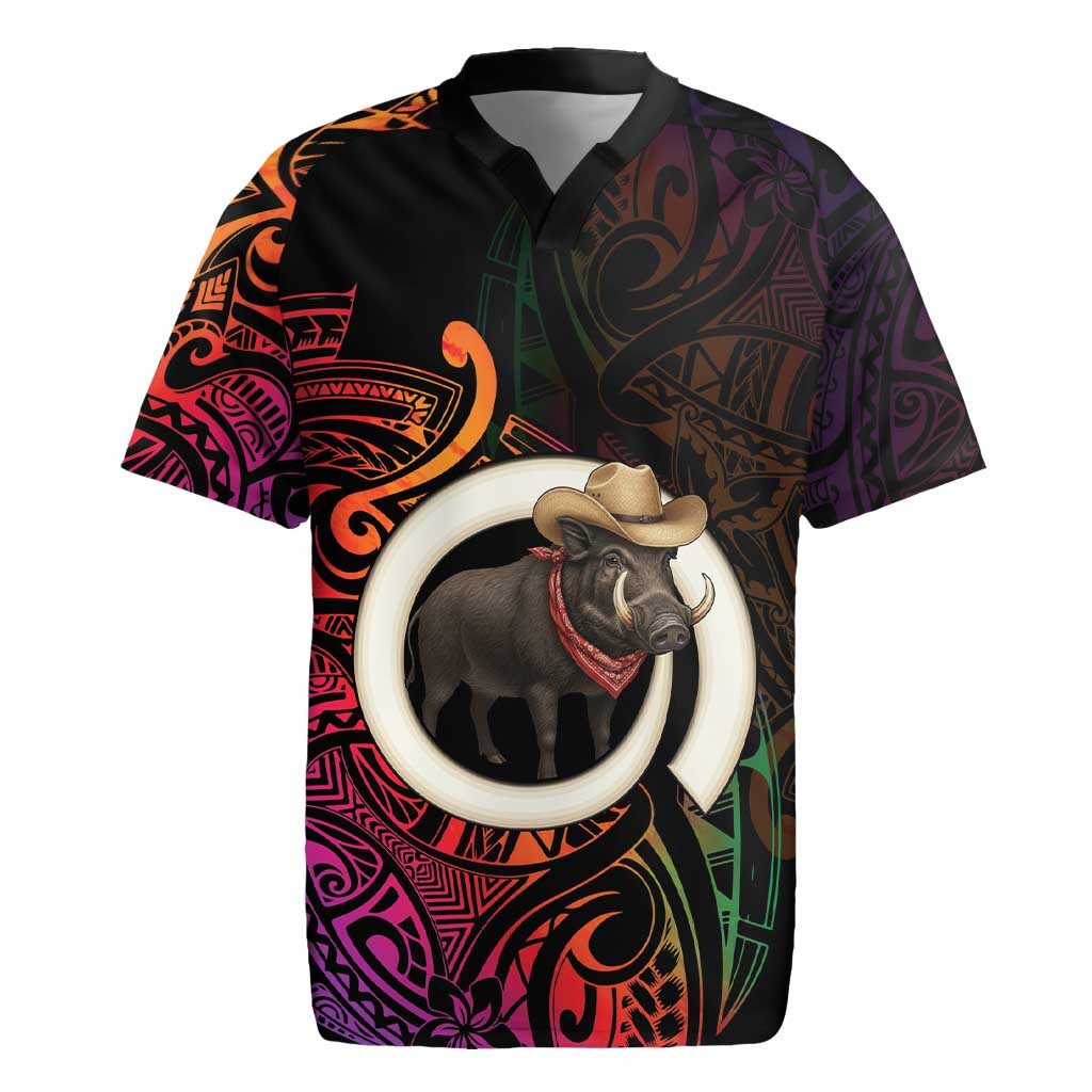 Vanuatu Boar Cowboy Rugby Jersey Tusk Gradient Polynesian Pattern LT14 Black - Polynesian Pride