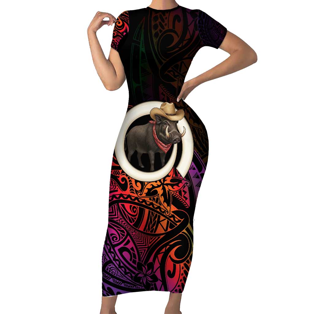 Vanuatu Boar Cowboy Short Sleeve Bodycon Dress Tusk Gradient Polynesian Pattern LT14 Long Dress Black - Polynesian Pride