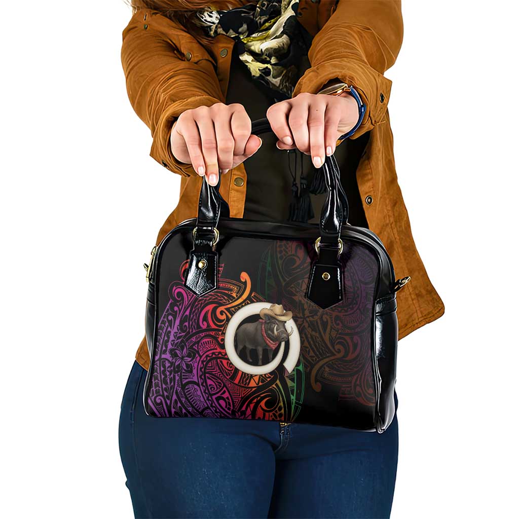 Vanuatu Boar Cowboy Shoulder Handbag Tusk Gradient Polynesian Pattern LT14 One Size Black - Polynesian Pride