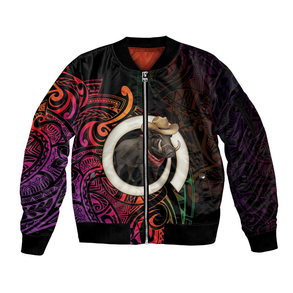 Vanuatu Boar Cowboy Sleeve Zip Bomber Jacket Tusk Gradient Polynesian Pattern LT14 Unisex Black - Polynesian Pride