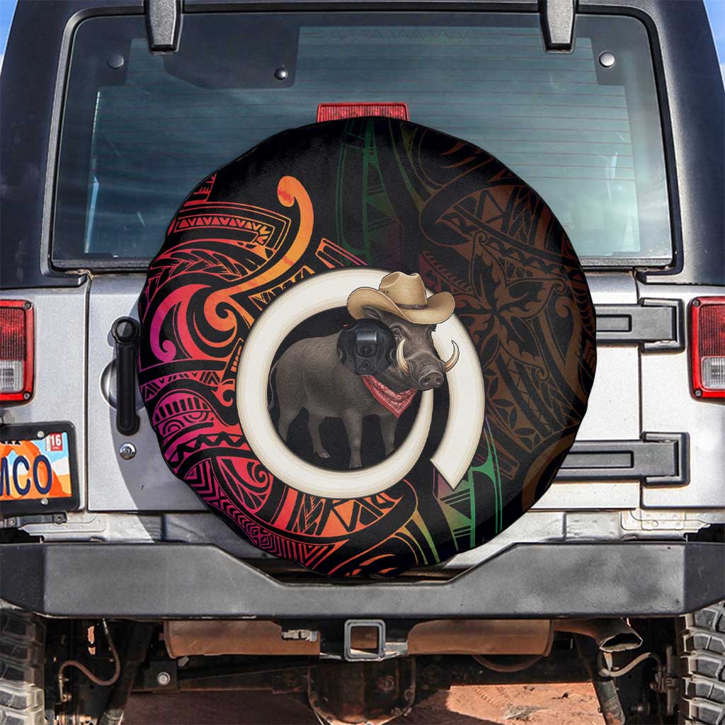 Vanuatu Boar Cowboy Spare Tire Cover Tusk Gradient Polynesian Pattern LT14 Black - Polynesian Pride