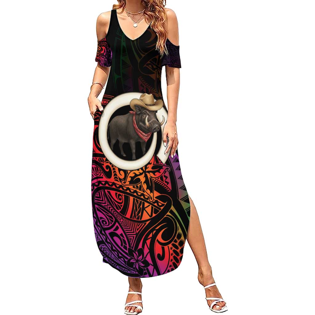 Vanuatu Boar Cowboy Summer Maxi Dress Tusk Gradient Polynesian Pattern LT14 Women Black - Polynesian Pride
