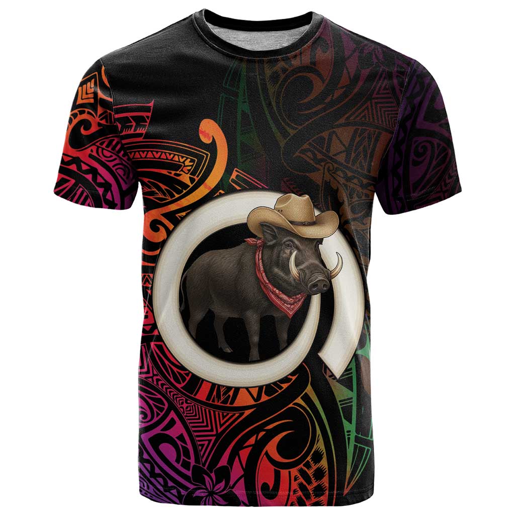 Vanuatu Boar Cowboy T Shirt Tusk Gradient Polynesian Pattern LT14 Black - Polynesian Pride