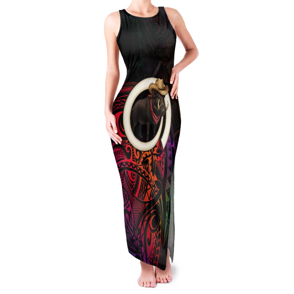Vanuatu Boar Cowboy Tank Maxi Dress Tusk Gradient Polynesian Pattern LT14 Women Black - Polynesian Pride