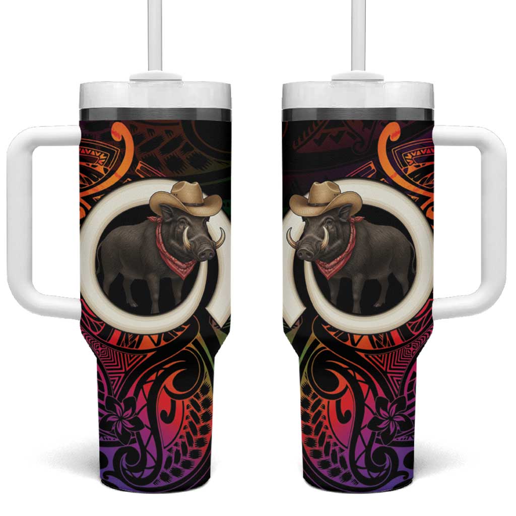 Vanuatu Boar Cowboy Tumbler With Handle Tusk Gradient Polynesian Pattern LT14 One Size: 40 oz Black - Polynesian Pride