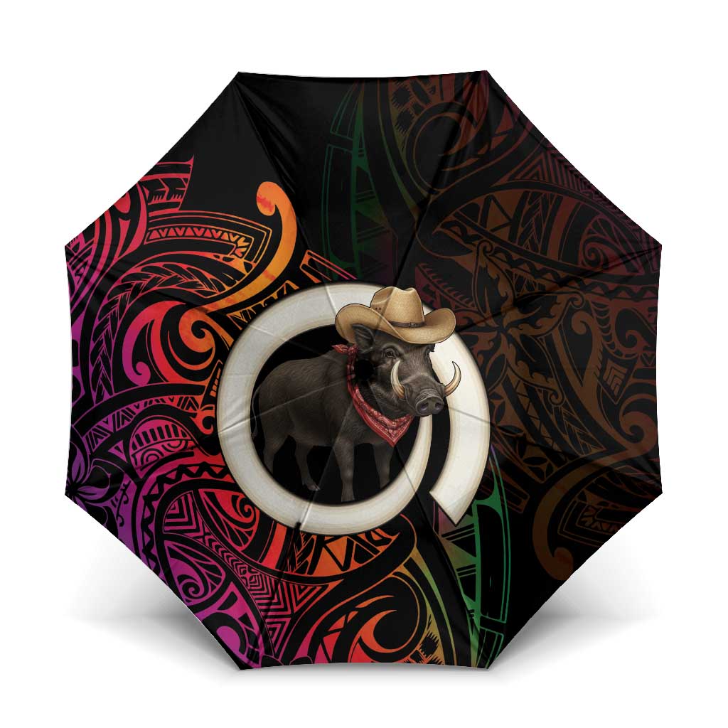 Vanuatu Boar Cowboy Umbrella Tusk Gradient Polynesian Pattern LT14 One Size Folded 11.42 inch Opened Diameter 37.4 inch Black - Polynesian Pride