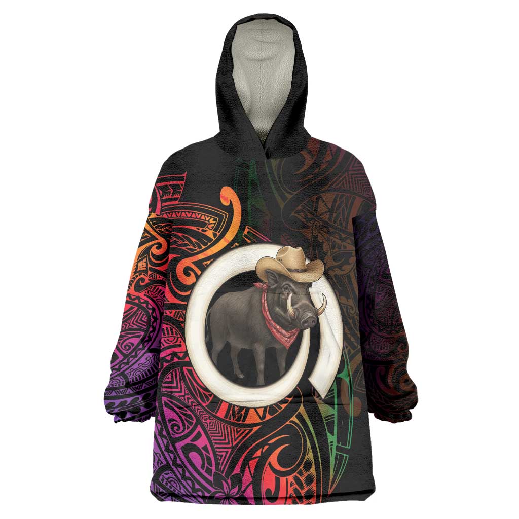 Vanuatu Boar Cowboy Wearable Blanket Hoodie Tusk Gradient Polynesian Pattern LT14 One Size Black - Polynesian Pride