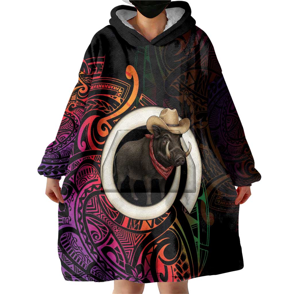 Vanuatu Boar Cowboy Wearable Blanket Hoodie Tusk Gradient Polynesian Pattern LT14 - Polynesian Pride