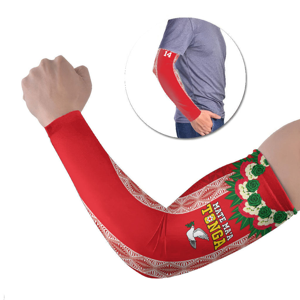 Mate Ma'a Tonga Rugby Custom Arm Sleeves Tongan Kahoa Lei Ngatu Pattern Red LT14 Set of 2 Red - Polynesian Pride