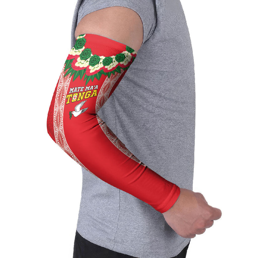 Mate Ma'a Tonga Rugby Custom Arm Sleeves Tongan Kahoa Lei Ngatu Pattern Red LT14 - Polynesian Pride