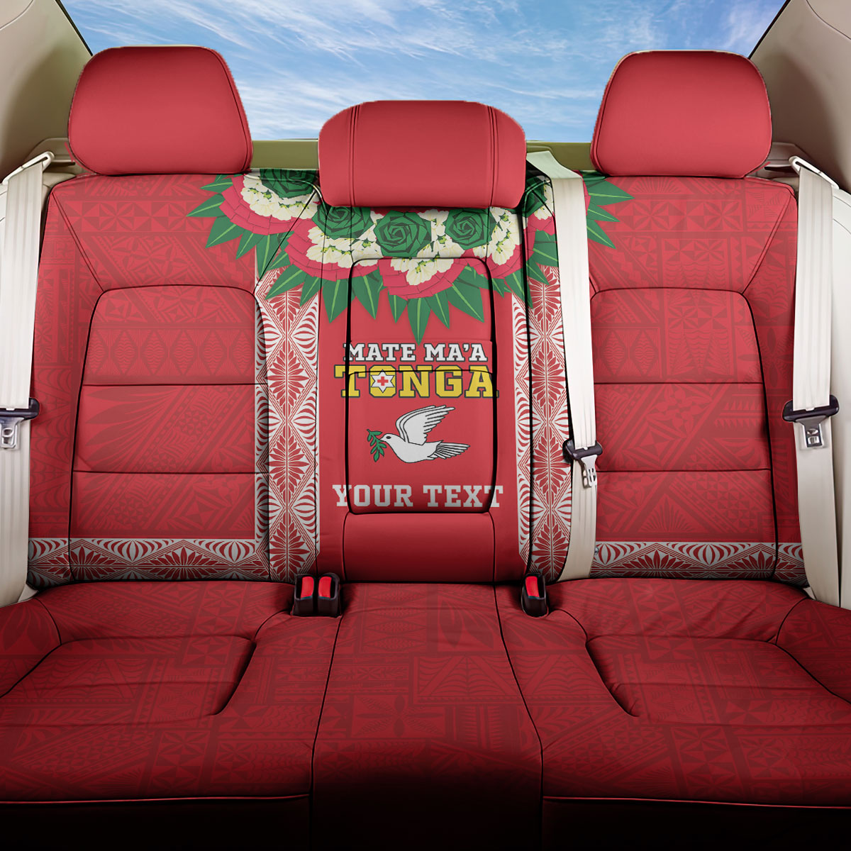 Mate Ma'a Tonga Rugby Custom Back Car Seat Cover Tongan Kahoa Lei Ngatu Pattern Red LT14 One Size Red - Polynesian Pride