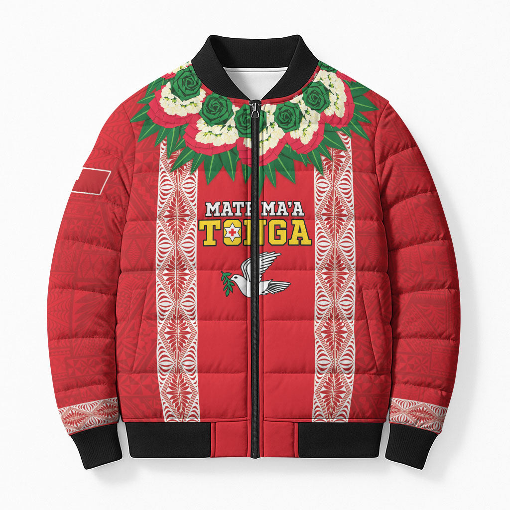 Mate Ma'a Tonga Rugby Custom Bomber Puffer Jacket Tongan Kahoa Lei Ngatu Pattern Red LT14 Unisex Red - Polynesian Pride
