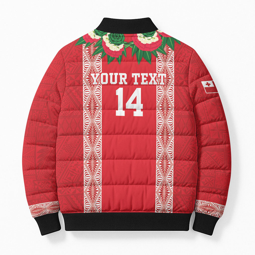 Mate Ma'a Tonga Rugby Custom Bomber Puffer Jacket Tongan Kahoa Lei Ngatu Pattern Red LT14 - Polynesian Pride