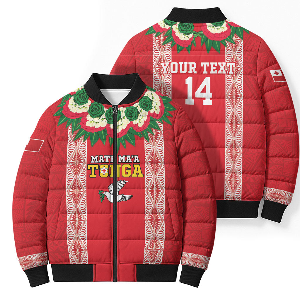 Mate Ma'a Tonga Rugby Custom Bomber Puffer Jacket Tongan Kahoa Lei Ngatu Pattern Red LT14 - Polynesian Pride