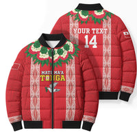 Mate Ma'a Tonga Rugby Custom Bomber Puffer Jacket Tongan Kahoa Lei Ngatu Pattern Red LT14 - Polynesian Pride