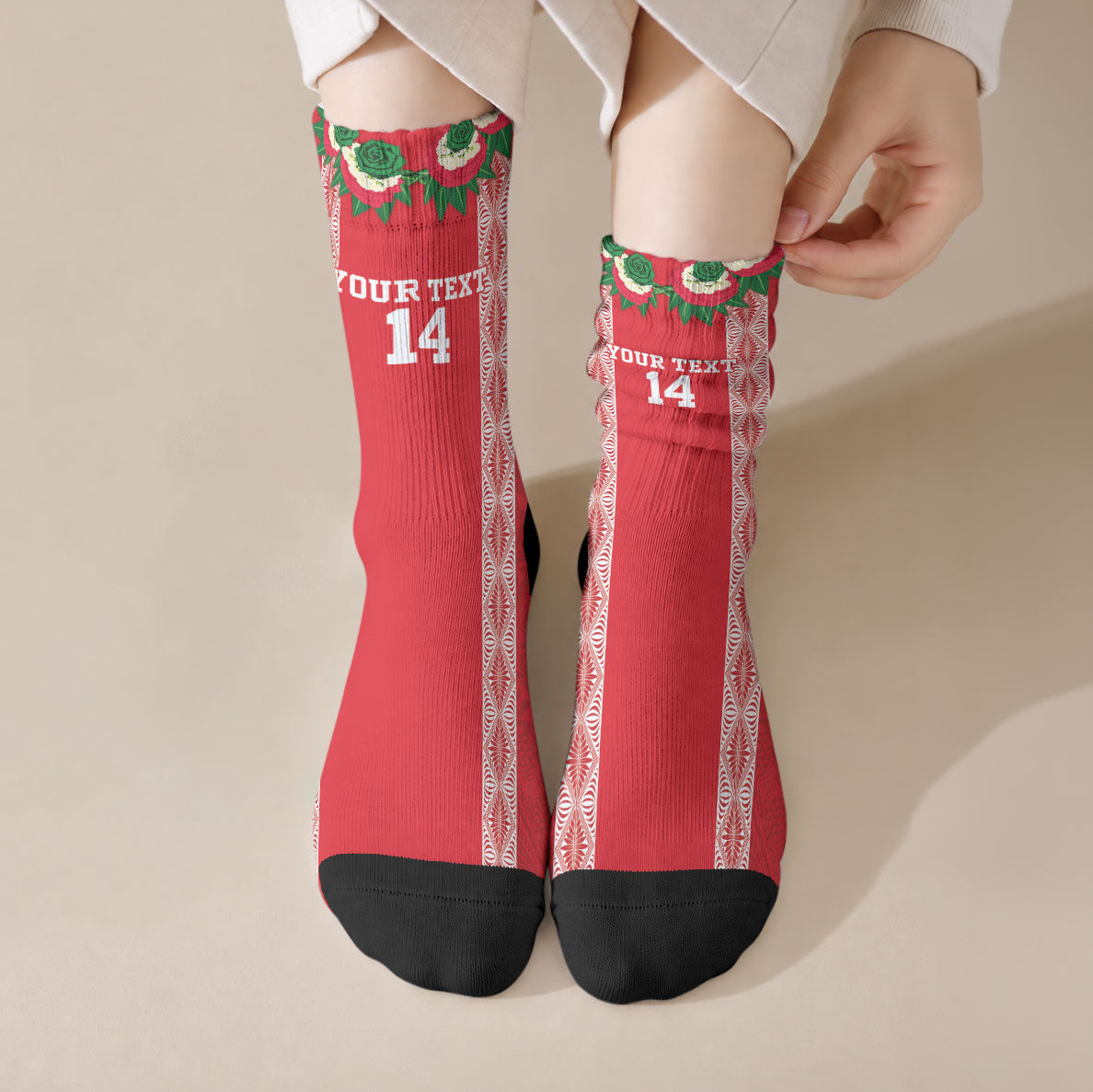 Mate Ma'a Tonga Rugby Custom Crew Socks Tongan Kahoa Lei Ngatu Pattern Red LT14 Crew Socks Red - Polynesian Pride