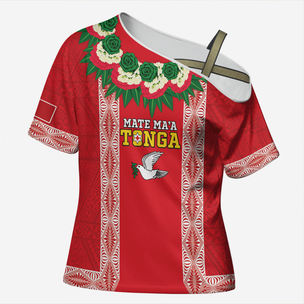 Mate Ma'a Tonga Rugby Custom Cross Shoulder Shirt Tongan Kahoa Lei Ngatu Pattern Red LT14 Female Red - Polynesian Pride