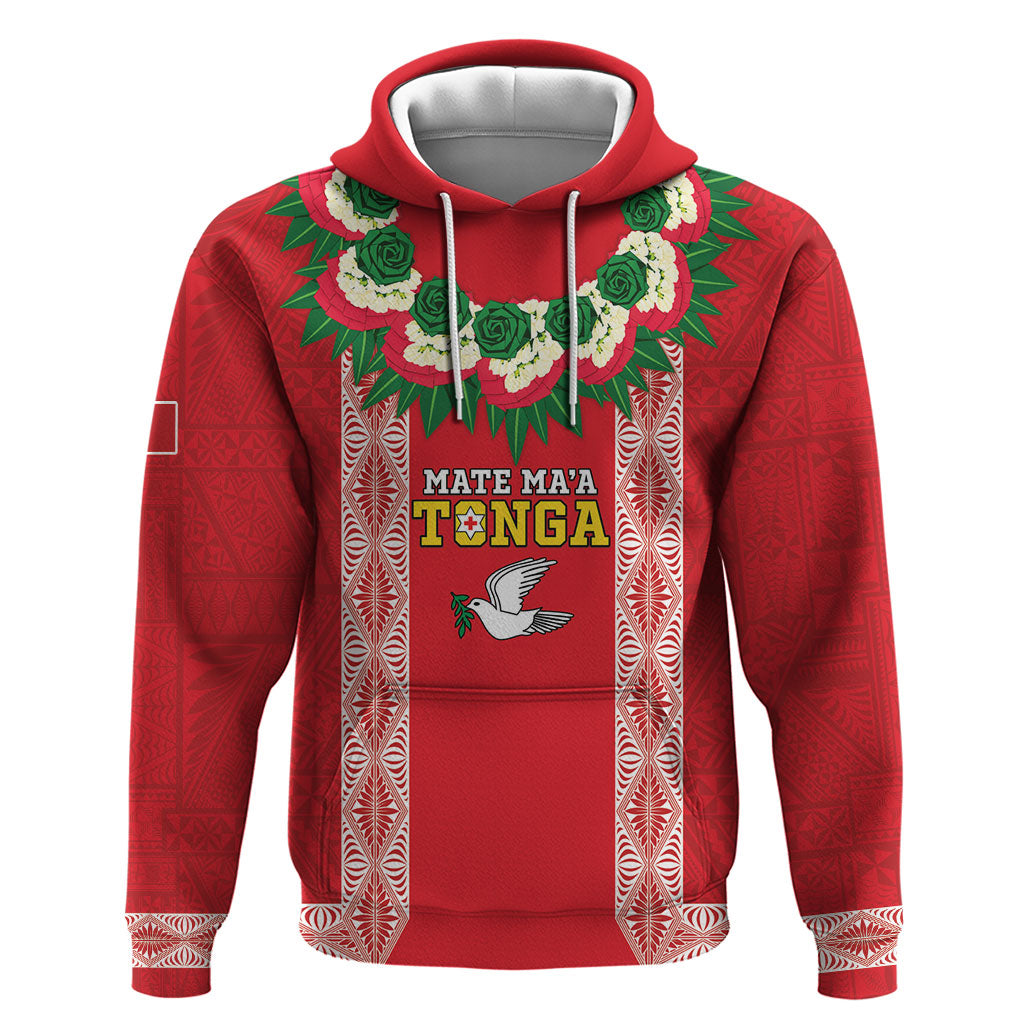 Mate Ma'a Tonga Rugby Custom Hoodie Tongan Kahoa Lei Ngatu Pattern Red LT14 Pullover Hoodie Red - Polynesian Pride